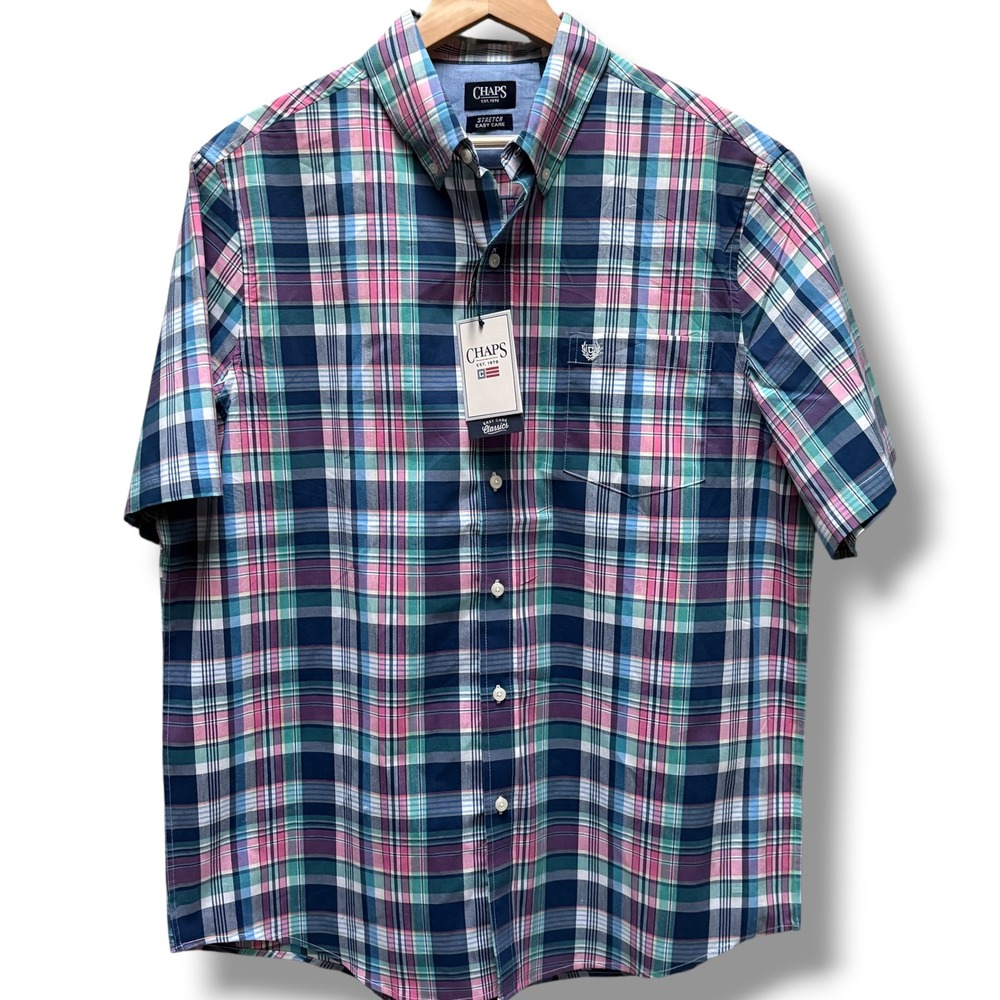 Chaps Mens XL Short Sleeve Plaid Button Down Shirt Stretch Nautical Blue